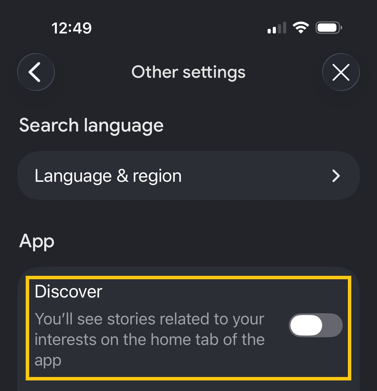 The Google app's Other settings page with Discover turned off