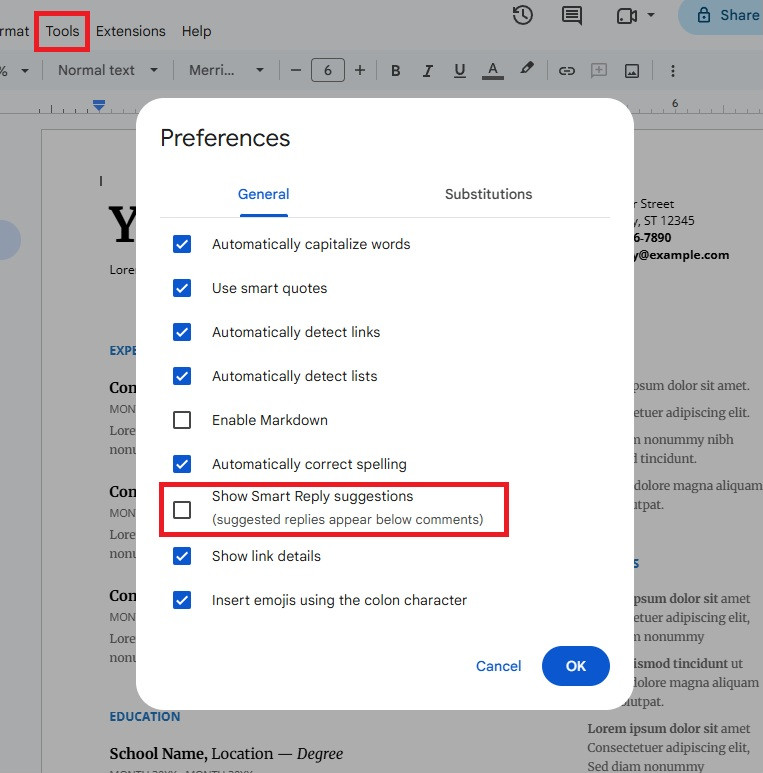 The Docs Preferences box with Show Smart Reply suggestions unchecked
