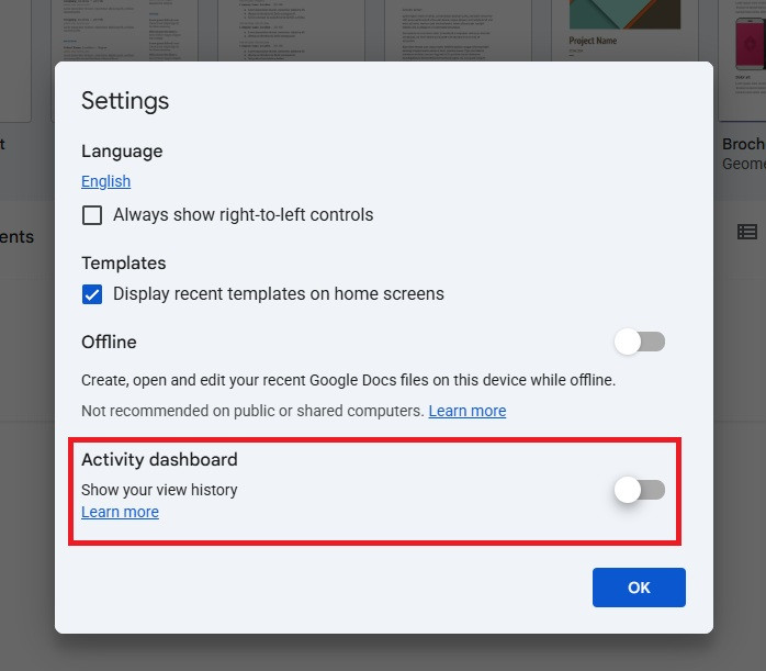 The Docs Settings box with Show your view history under Activity dashboard turned off