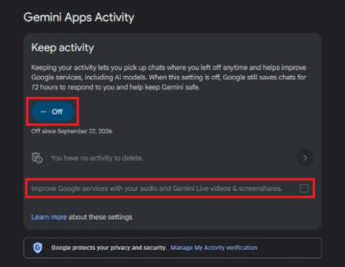 Gemini Apps Activity with Keep activity set to Off and the Improve Google services with your audio box unchecked