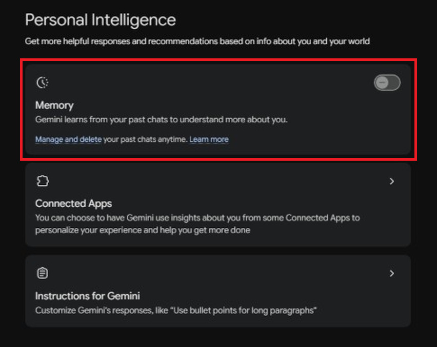 Gemini's Personal Intelligence settings with Memory turned off