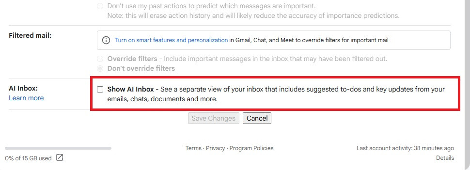 The bottom of Gmail's Inbox settings with Show AI Inbox unchecked