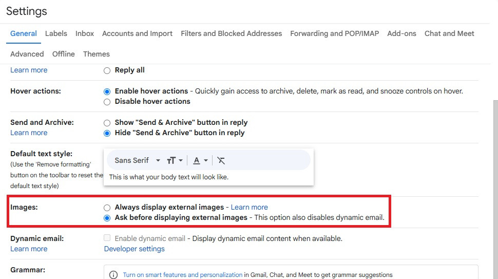 Gmail's General settings with Ask before displaying external images selected under Images