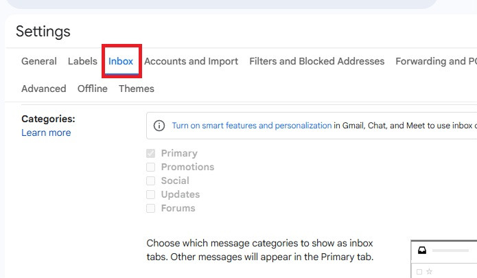 Gmail's settings with the Inbox tab highlighted