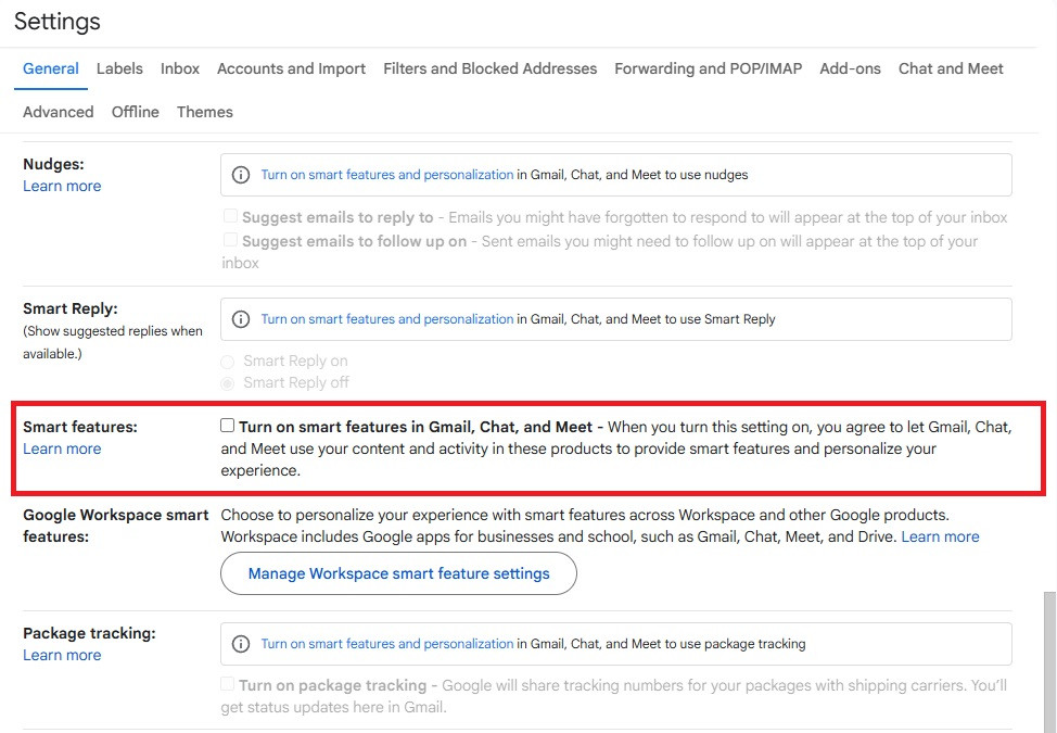 Gmail's General settings with Turn on smart features in Gmail, Chat, and Meet unchecked, and Nudges, Smart Reply and Package tracking greyed out