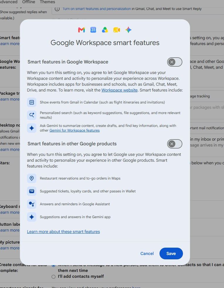 The Google Workspace smart features box with Smart features in Google Workspace and Smart features in other Google products both turned off