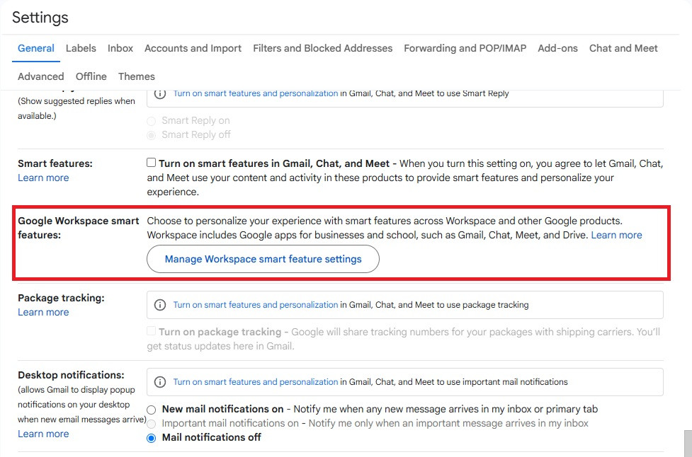 Gmail's General settings with the Google Workspace smart features section and its Manage Workspace smart feature settings button highlighted