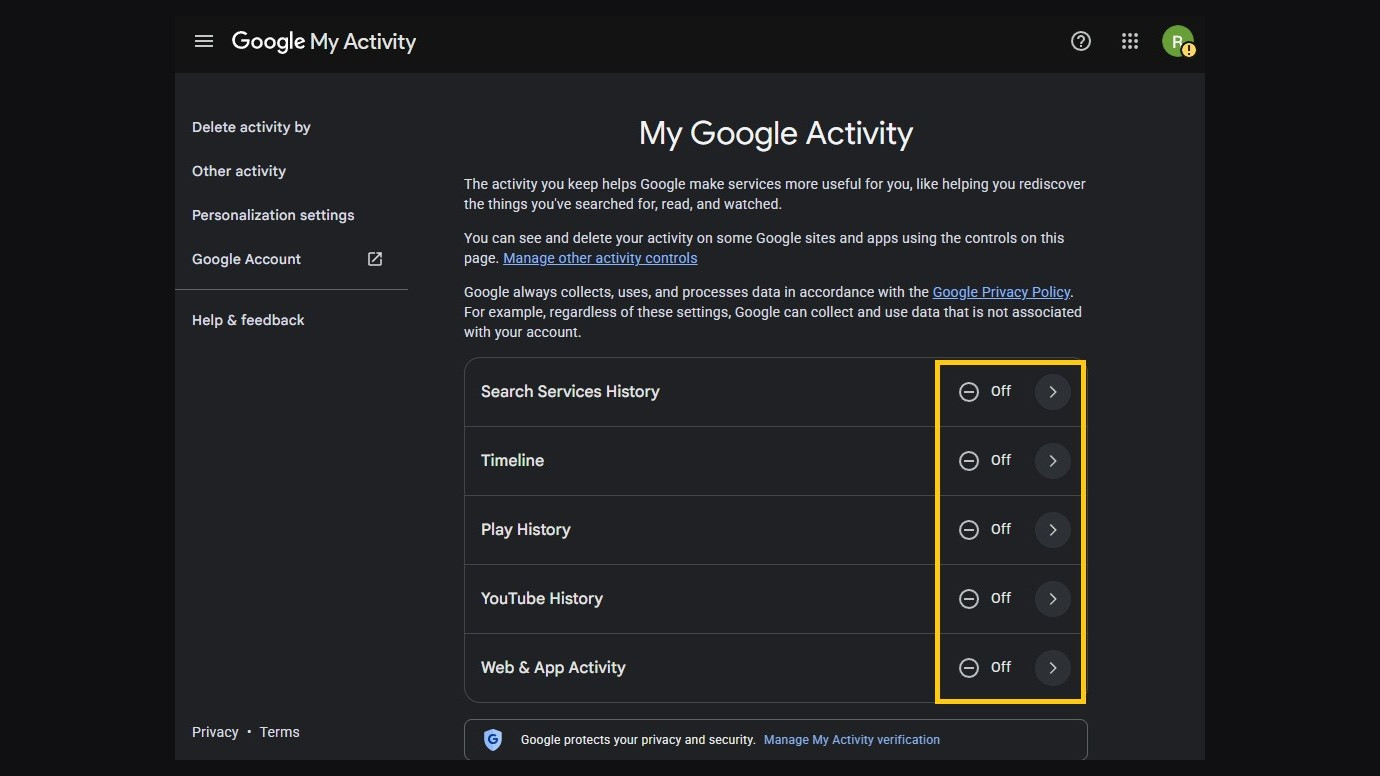 My Google Activity on a fresh account with Search Services History, Timeline, Play History, YouTube History and Web & App Activity all set to Off