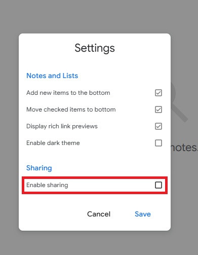 Keep's Settings box with Enable sharing unchecked