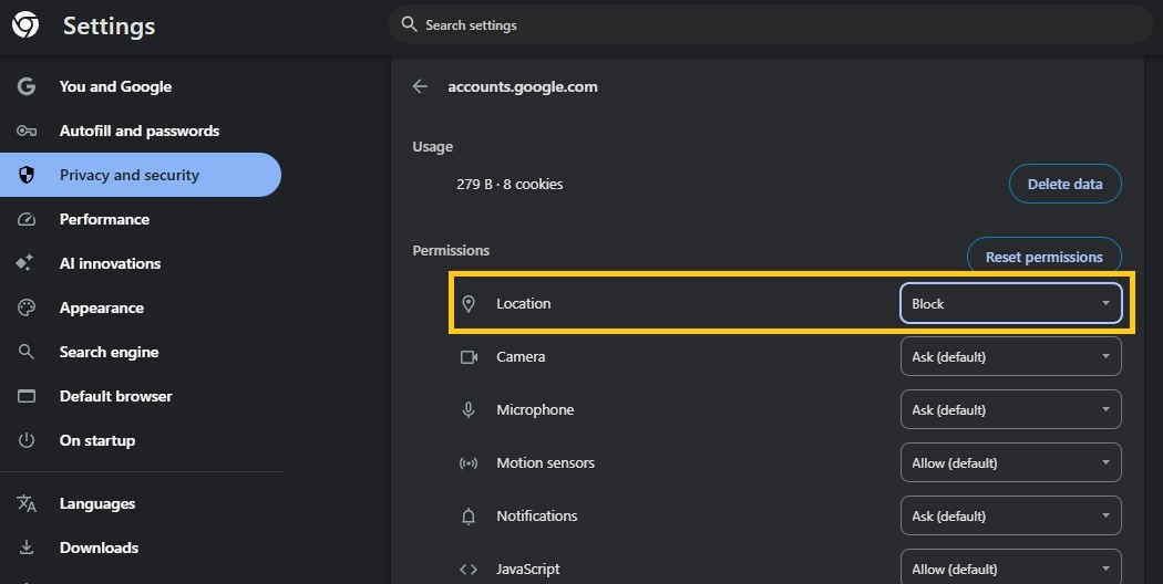 Chrome's site settings page with Location set to Block