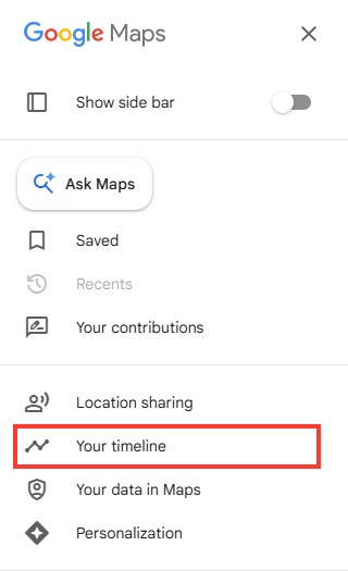 The Google Maps menu with Your timeline highlighted