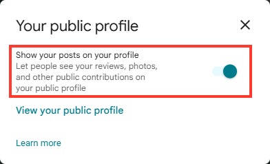 The Your public profile box with Show your posts on your profile highlighted