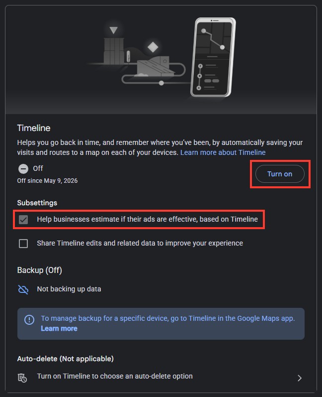 The Timeline settings page with Timeline off, the Turn on button highlighted and Help businesses estimate if their ads are effective, based on Timeline still checked
