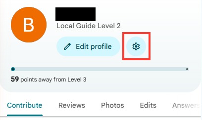 The Your contributions panel in Google Maps with the gear next to Edit profile highlighted