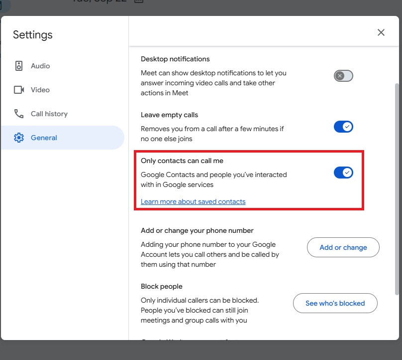 Meet's General settings with Only contacts can call me turned on