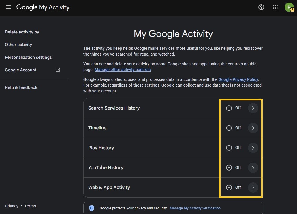 The My Google Activity page with Search Services History, Timeline, Play History, YouTube History and Web & App Activity all set to Off