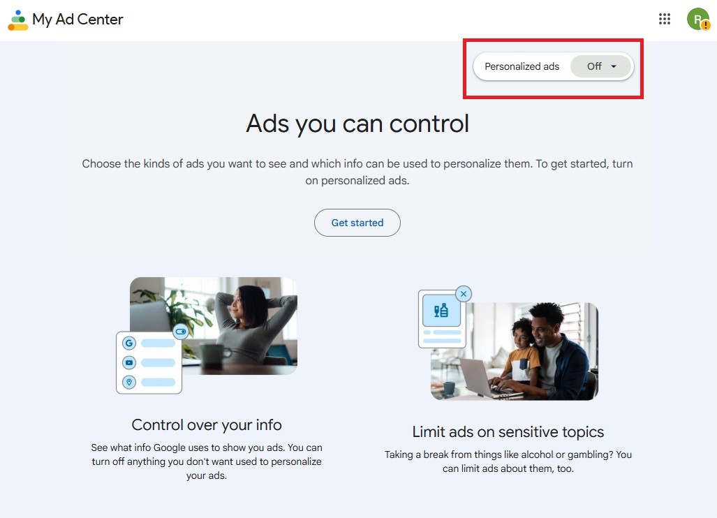 My Ad Center with the Personalized ads control at the top set to Off