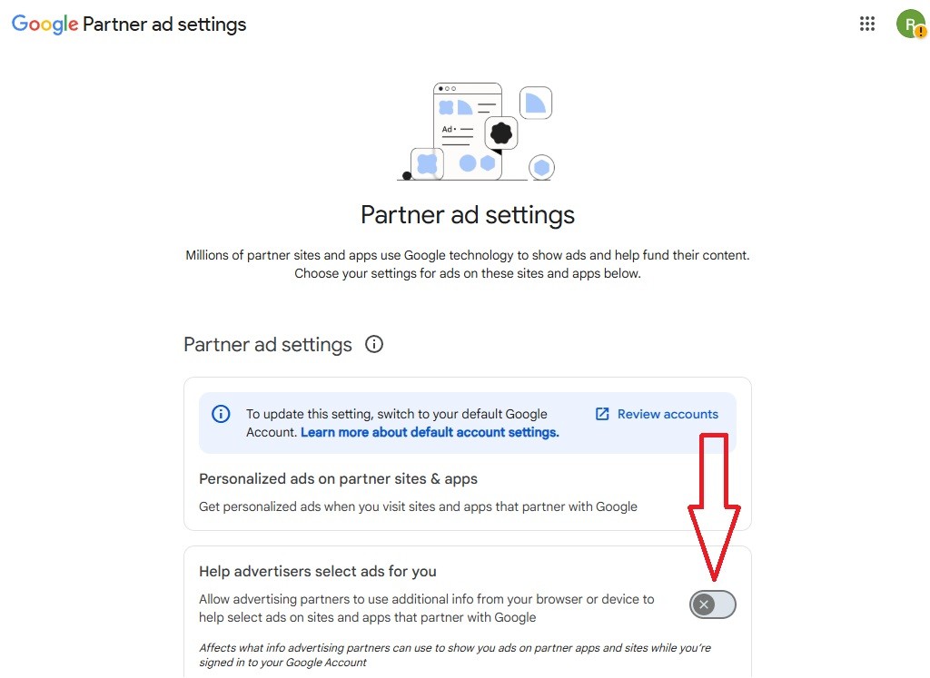 The Partner ad settings page with an arrow pointing at the Help advertisers select ads for you setting, turned off