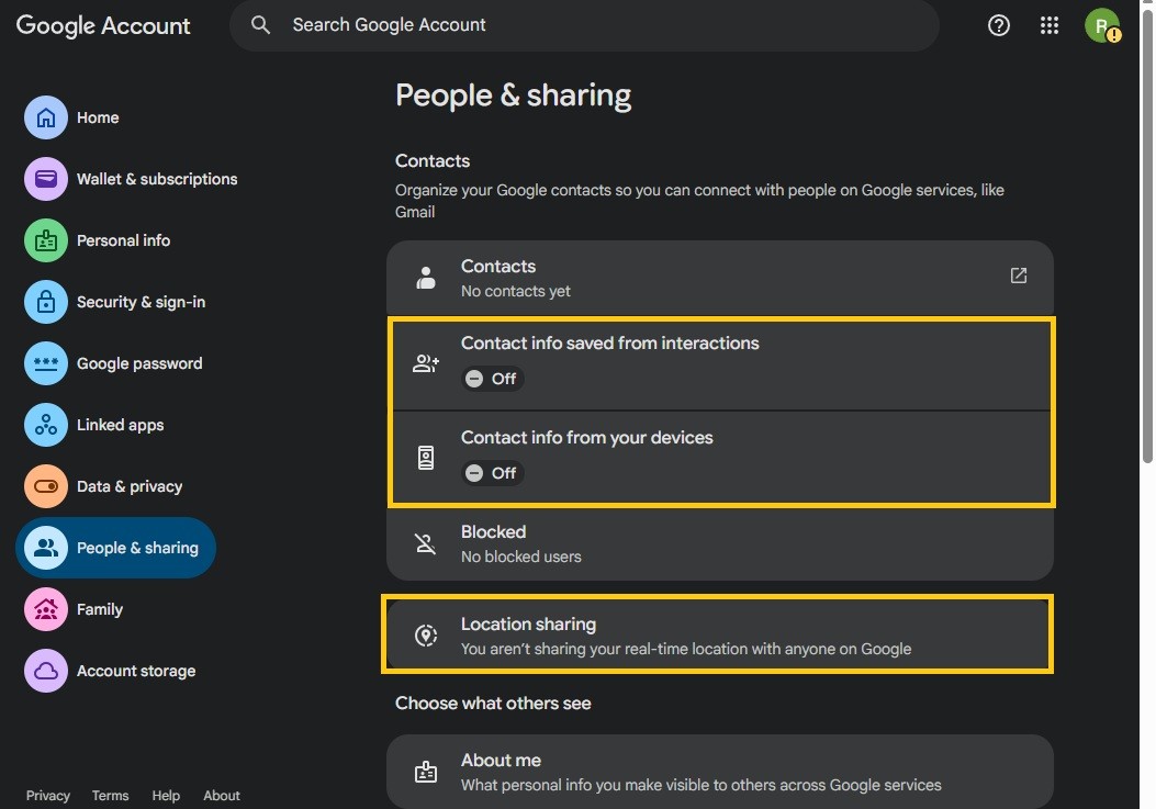 The People & sharing page with Contact info saved from interactions and Contact info from your devices both Off, and Location sharing showing nothing shared