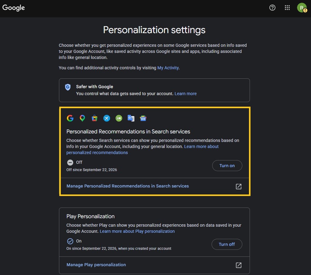 The Personalization settings page with Personalized Recommendations in Search services set to Off