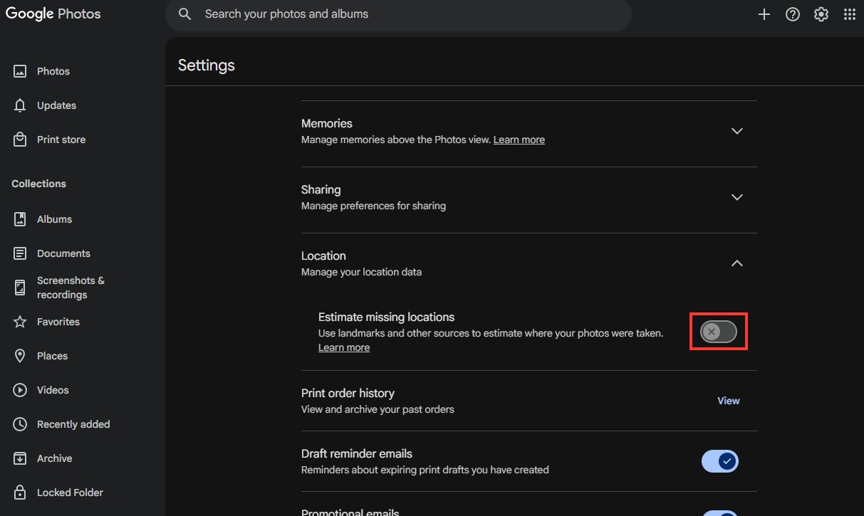 Google Photos settings with Location open and Estimate missing locations turned off
