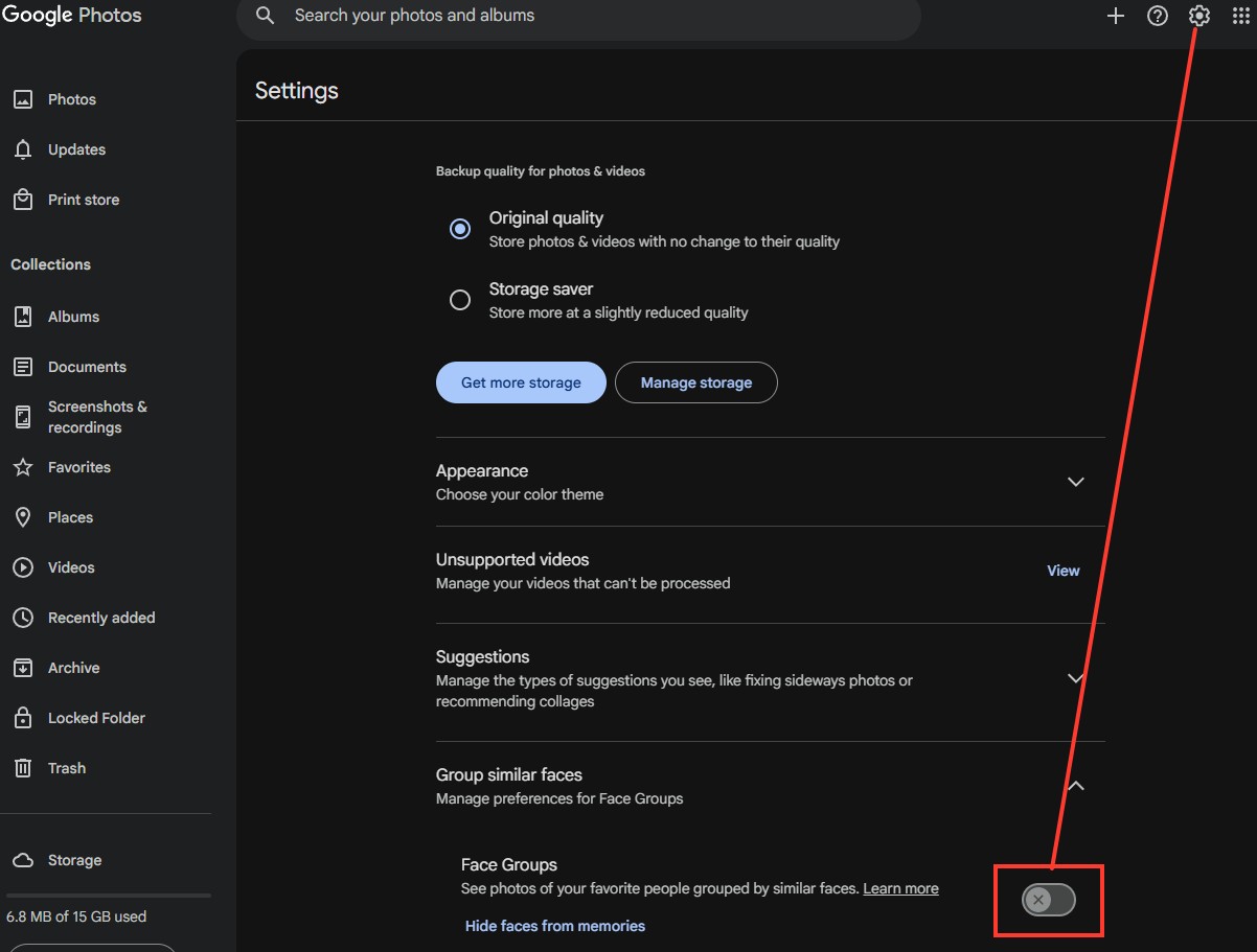 Google Photos settings with Group similar faces open and Face Groups turned off
