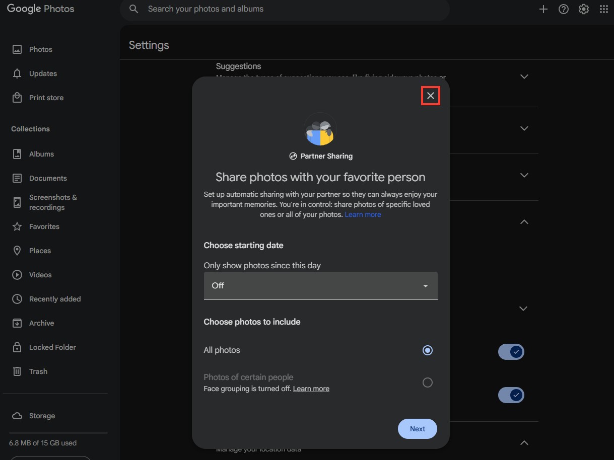 The Partner Sharing setup box, Share photos with your favorite person, with its close button highlighted