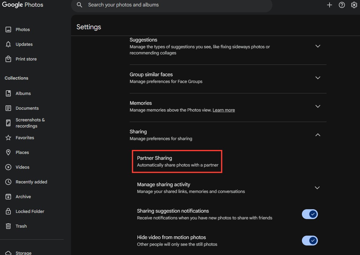 Google Photos settings with Sharing open and the Partner Sharing row highlighted