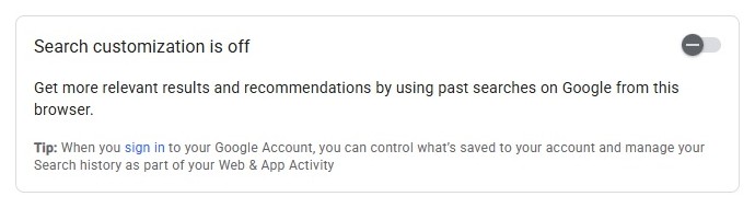 The Search customization setting turned off