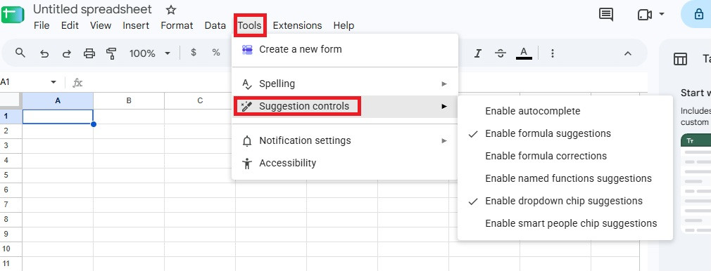 The Sheets Tools menu open on Suggestion controls, with autocomplete, formula corrections, named functions suggestions and smart people chip suggestions unchecked