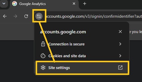 Chrome's site information popup, opened from the icon to the left of the address bar, with Site settings at the bottom