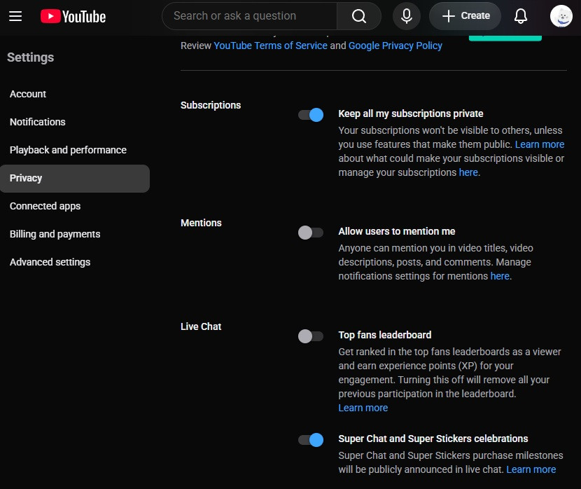YouTube's Privacy settings with Keep all my subscriptions private turned on, and Allow users to mention me and Top fans leaderboard turned off