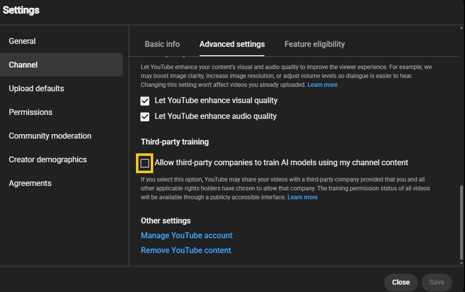 YouTube Studio's Channel settings on the Advanced settings tab, with the third-party training box highlighted and unchecked
