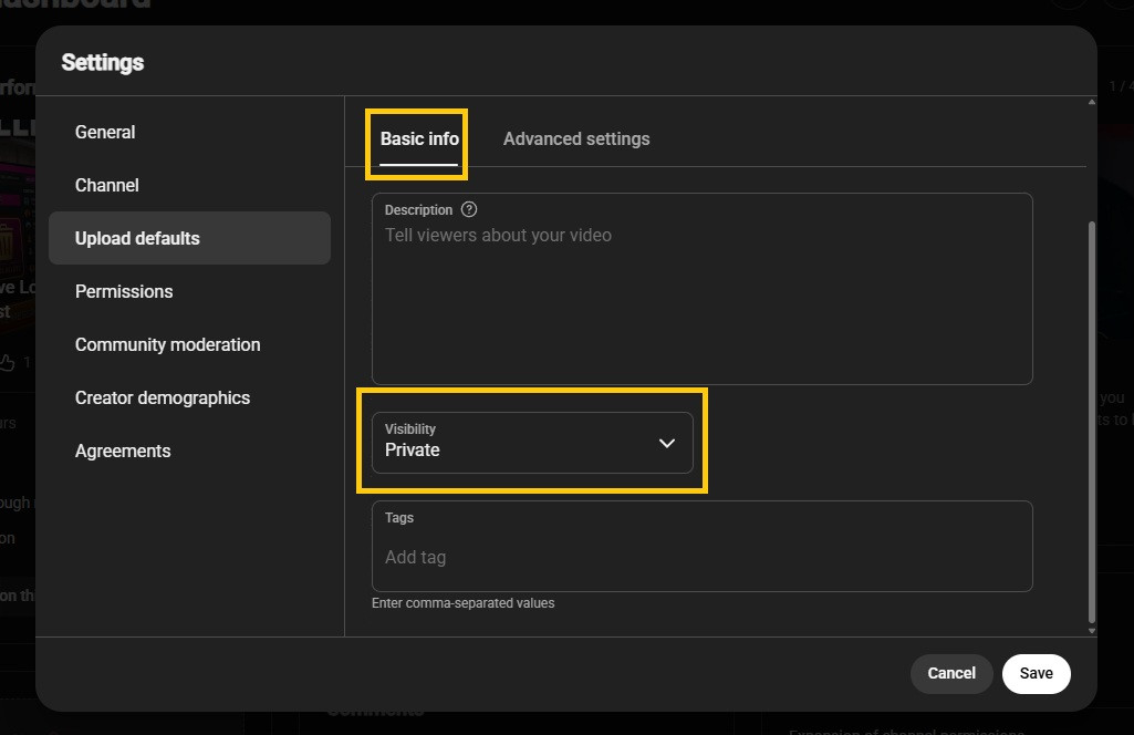 YouTube Studio's Upload defaults on the Basic info tab, with Visibility set to Private