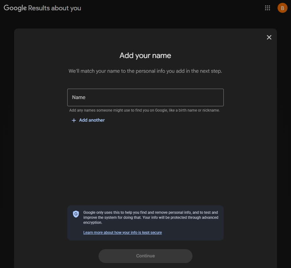 The Add your name screen with an empty Name box and an Add another link