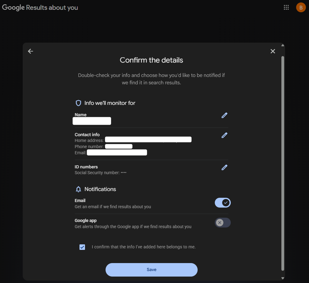 The Confirm the details screen listing the monitored info, with the Email notification switch on and the confirmation box ticked