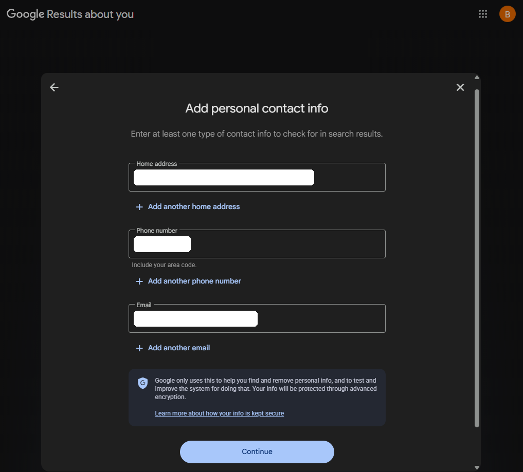 The Add personal contact info screen with home address, phone number and email boxes filled in and blanked out
