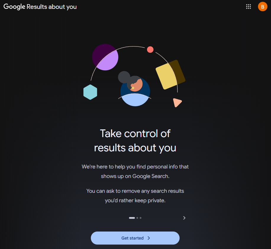 The Results about you welcome screen, Take control of results about you, with the Get started button