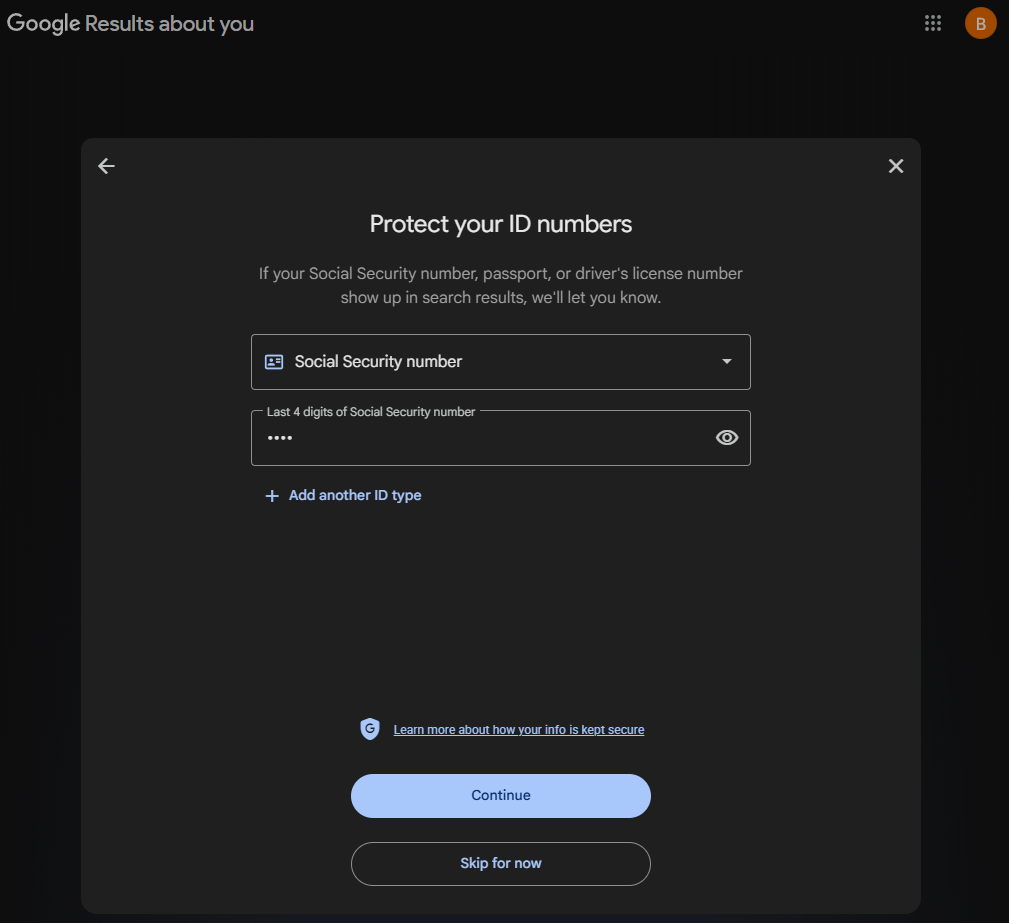 The Protect your ID numbers screen with Social Security number selected and a last four digits box