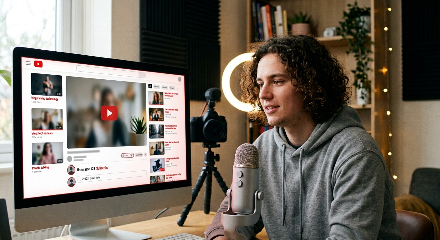 A creator sitting at a desk behind a microphone and ring light, looking at a large monitor showing a YouTube watch page with video thumbnails, a comment and a Subscribe button.