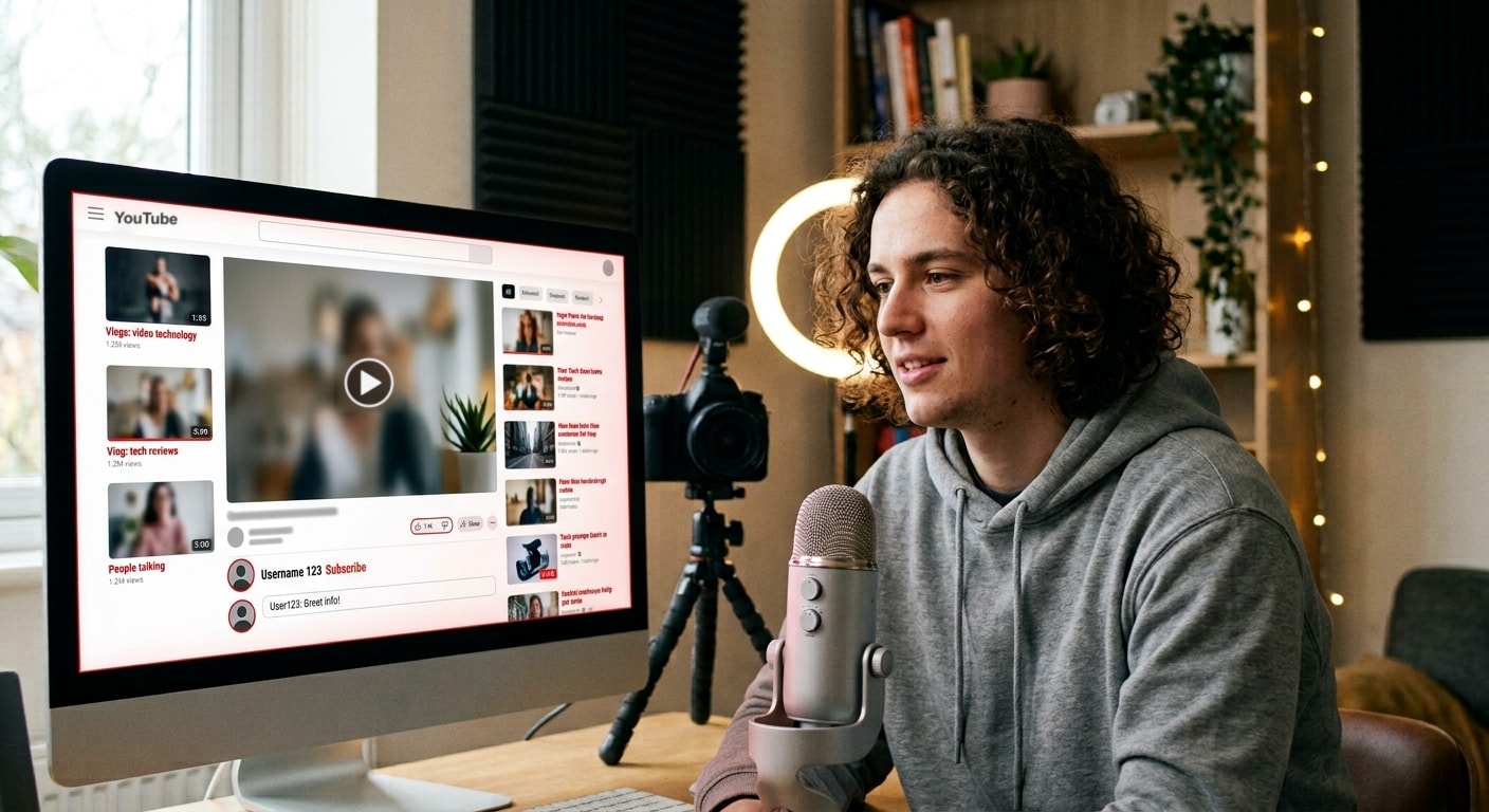 A creator sitting at a desk behind a microphone and ring light, looking at a large monitor showing a YouTube watch page with video thumbnails, a comment and a Subscribe button.
