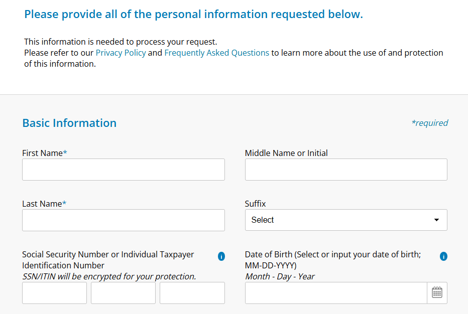 The Basic Information form asking for name, Social Security number and date of birth