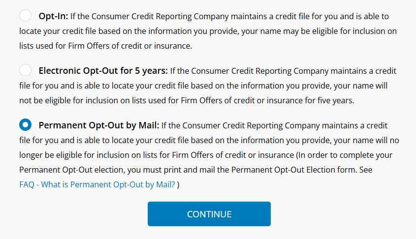 The three choices, Opt-In, Electronic Opt-Out for 5 years, and Permanent Opt-Out by Mail, with Permanent selected