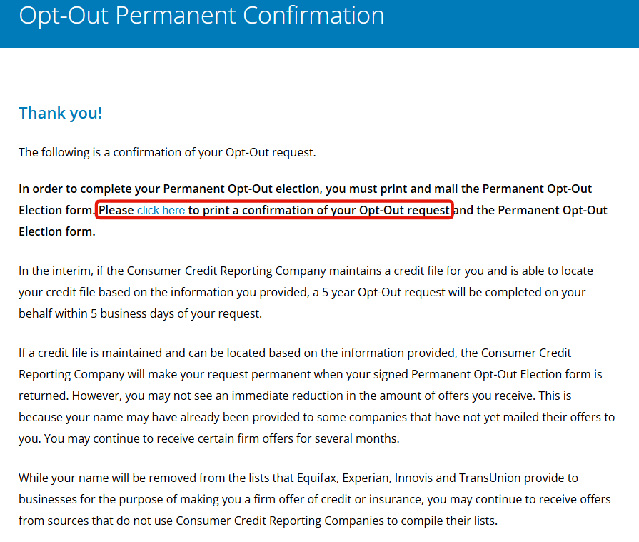 The Opt-Out Permanent Confirmation page, with the link to print the Permanent Opt-Out Election form outlined in red