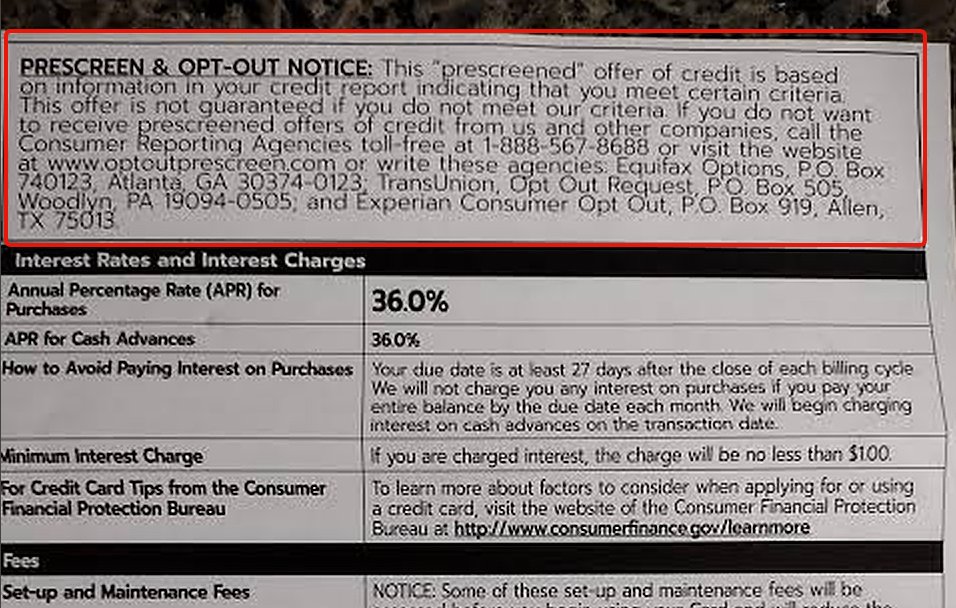 The back of a pre-approved credit card offer. The PRESCREEN & OPT-OUT NOTICE paragraph at the top is outlined in red, above the interest rate and fee table.