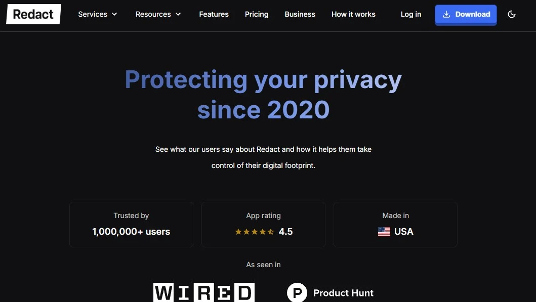 Redact's site header with the Download button at the top right