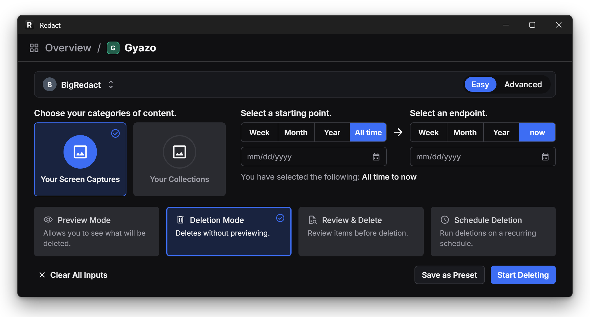 Redact's Gyazo screen with Your Screen Captures and Deletion Mode selected