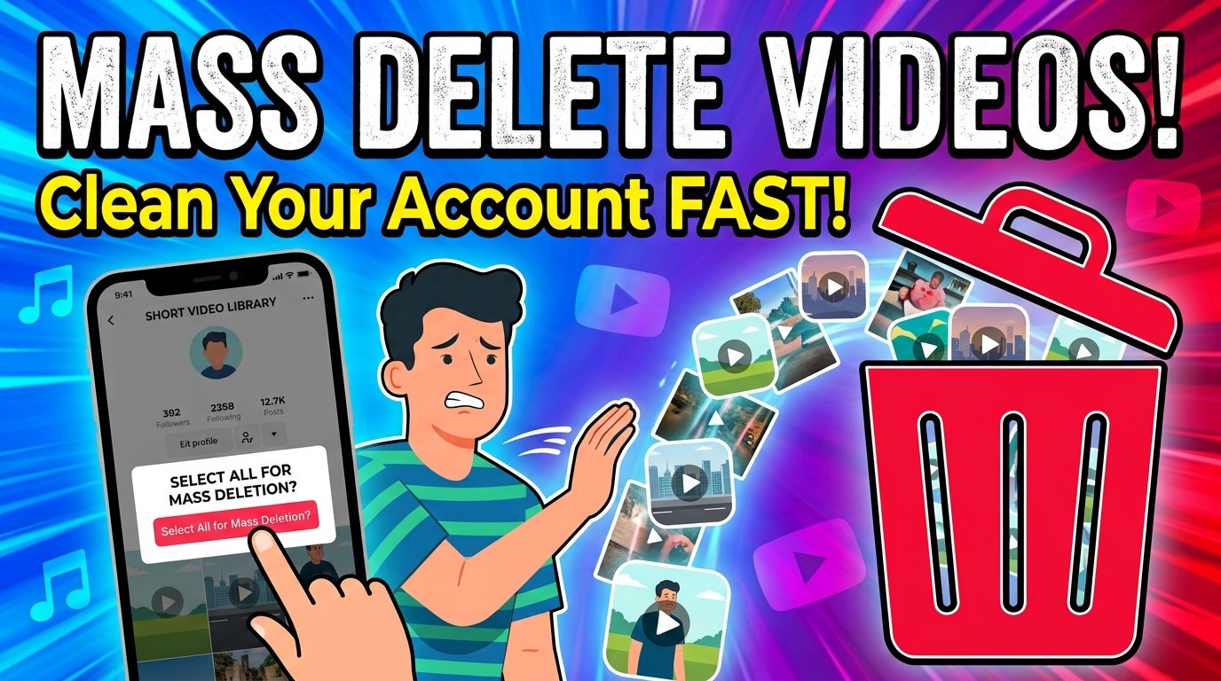 A cartoon man holding up a hand as video thumbnails fly off a phone into a red trash can, under the words Mass Delete Videos! Clean Your Account FAST!