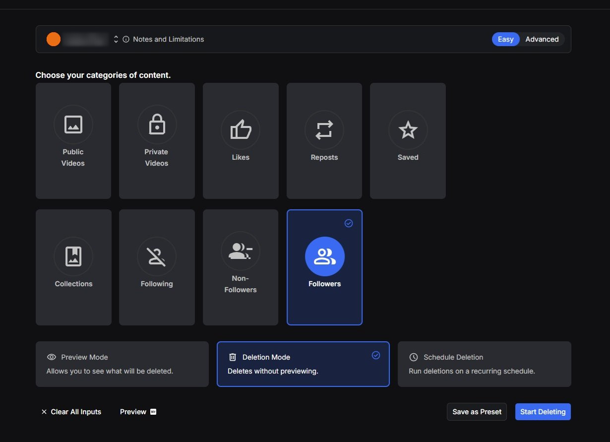 Redact's TikTok categories with Followers selected and Deletion Mode chosen