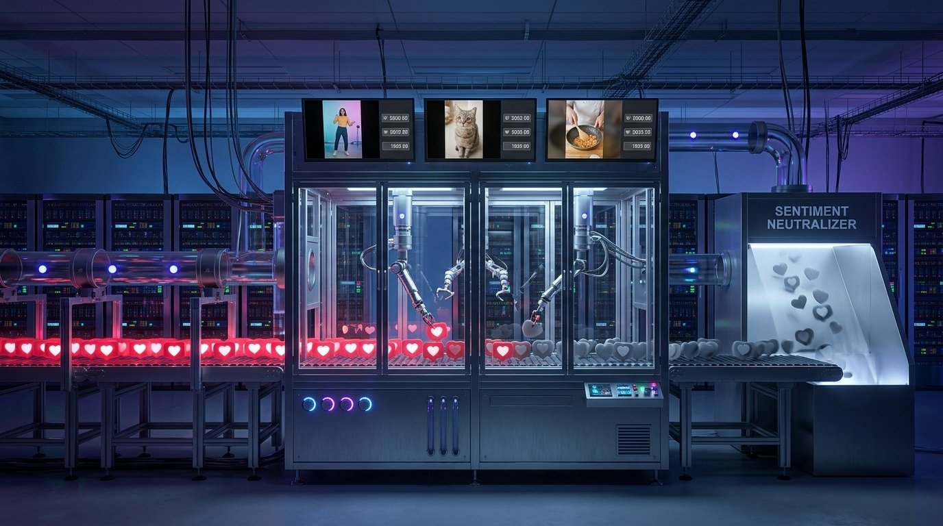Robot arms in a glass machine turning a conveyor belt of glowing red hearts grey, under screens playing short videos, next to a chute labeled Sentiment Neutralizer